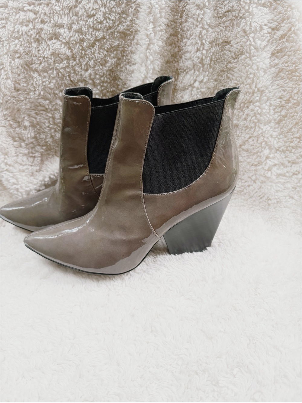 Patent Pointed-Toe  Booties in Taupe